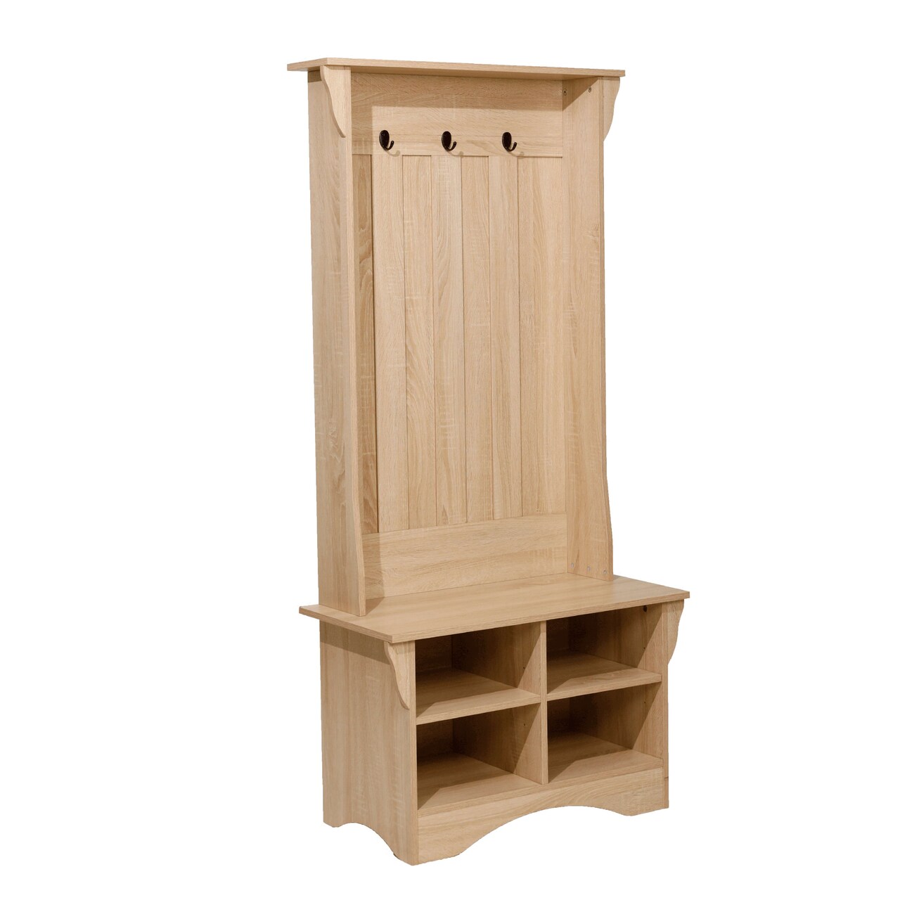 Merrick Lane Whitman Hallway Tree with Bench Seating, 3 Single Coat Hooks and Lower Storage with Adjustable Shelves